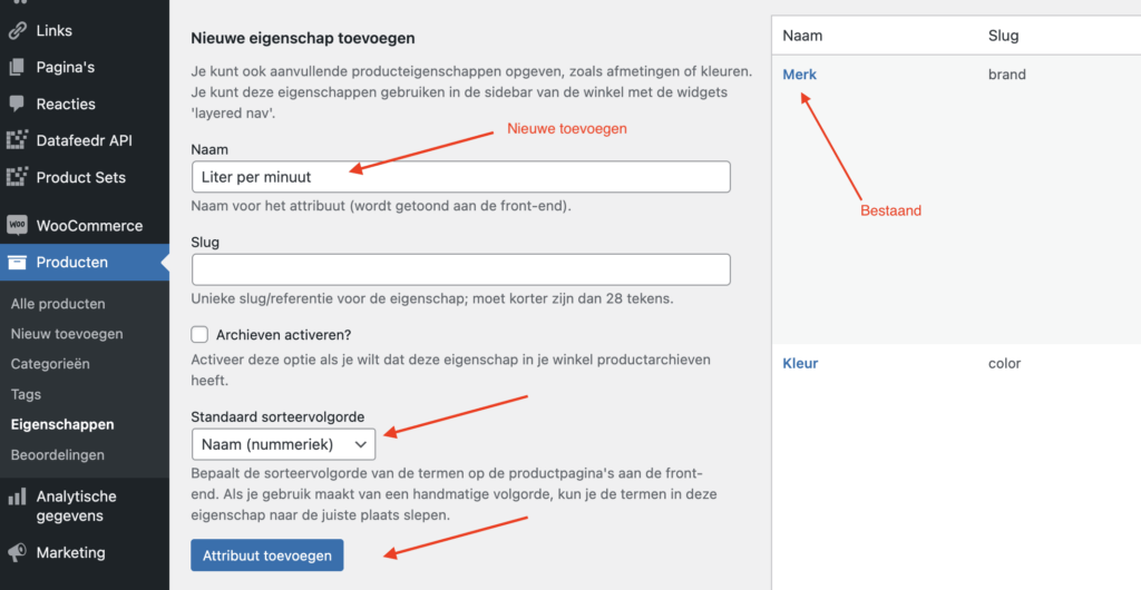 Eigenschappen toevoegen