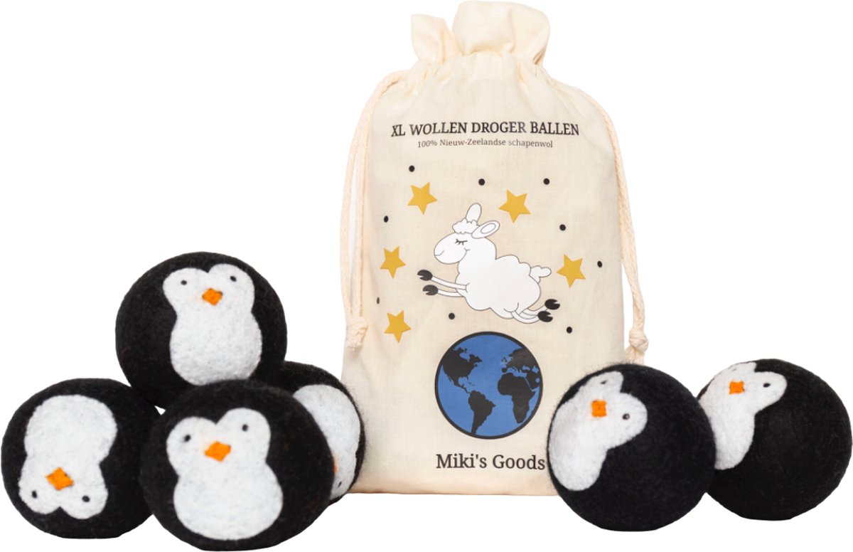 Miki's Goods® XL Wollen Drogerballen 6 Stuks - Panda Wasballen - Duurzaam - Wasverzachter - Wasbol - 100% Nieuw-Zeelandse Schapenwol - Energiebesparend - Wasbollen - Herbruikbare Drogerballen - Snellere Droogtijd - Zuigt Dierenharen Op