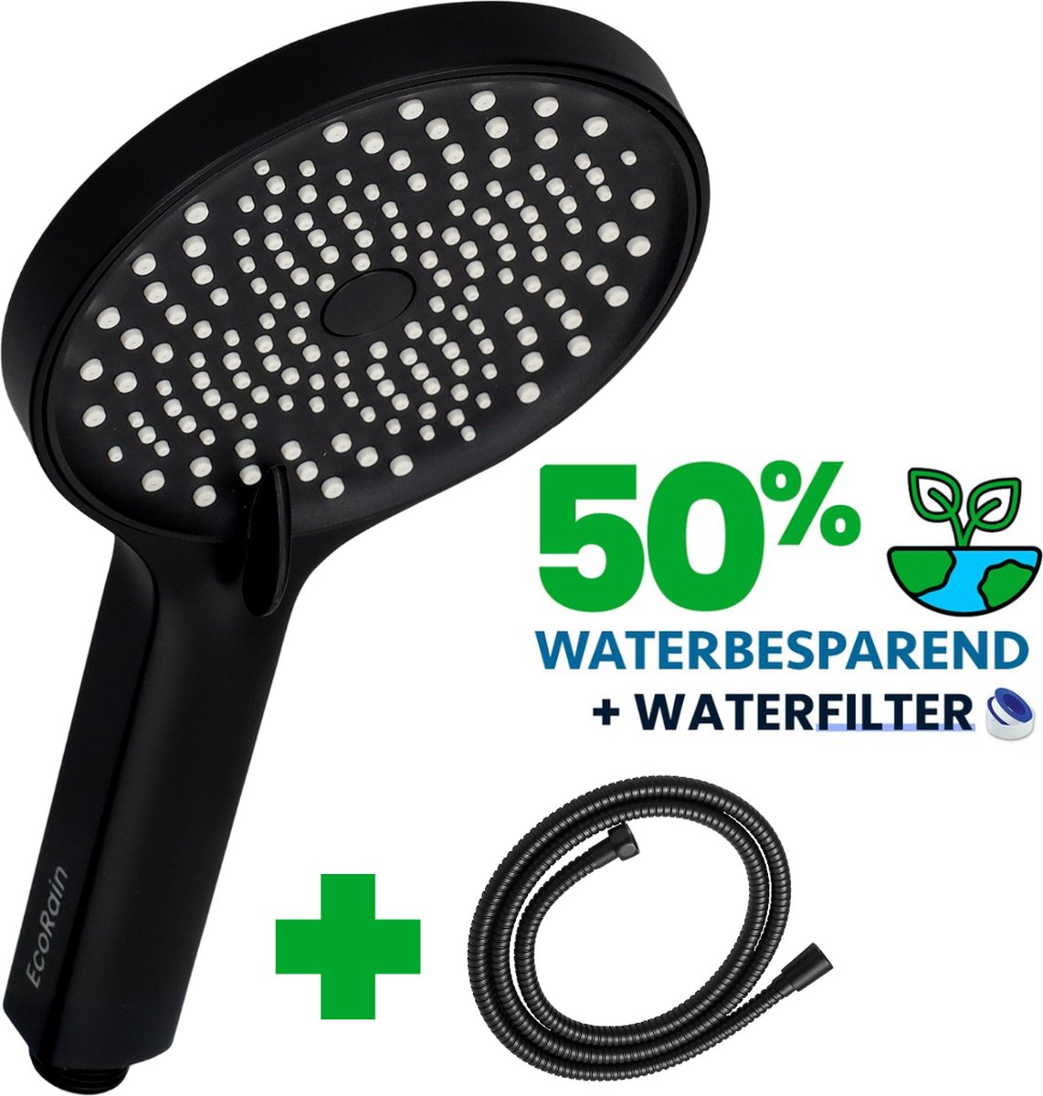 EcoRain© Waterbesparende Douchekop Charly 13 CM met Doucheslang en WATERFILTER Zwart - 50% Waterbesparend - 3 SPROEISTANDEN Handdouche - Hoge Druk - Betere Huid Regendouche - Luxe Moderne Regendouchekop - Universele Aansluiting - Anti-kalk Douchekop