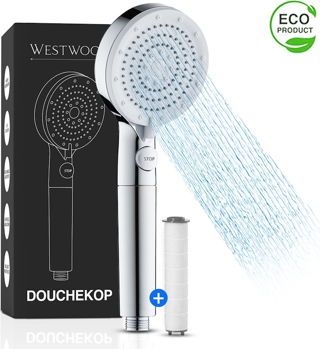 Westwood® Waterbesparende Douchekop met Hoge Druk en Douchefilter - Regendouche - Handdouche - Douchekop met 5 sproeistanden - Betere Huid - Chroom