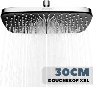 EcoRain© Waterbesparende Regendouchekop Melvin XL 30 CM Chroom - 30% Waterbesparend - Hoge Waterdruk - Betere Huid Hoofddouche - Moderne Regendouche - Waterbesparende Douchekop - Rechthoekig - Universele Aansluiting - Groot - Anti-kalk Douchekop