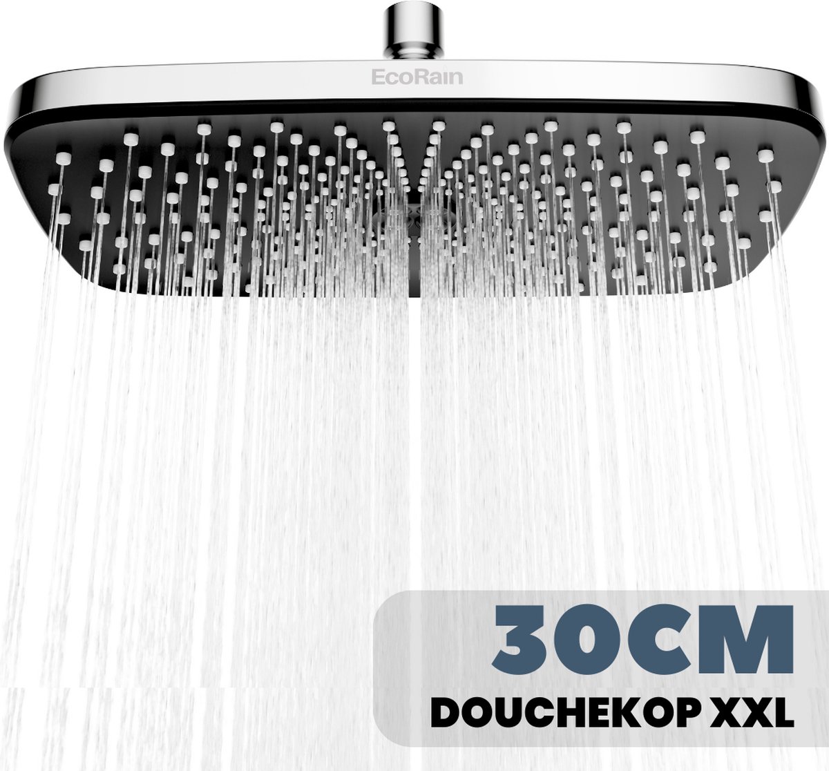EcoRain© Waterbesparende Regendouchekop Melvin XL 30 CM Chroom - 30% Waterbesparend - Hoge Waterdruk - Betere Huid Hoofddouche - Moderne Regendouche - Waterbesparende Douchekop - Rechthoekig - Universele Aansluiting - Groot - Anti-kalk Douchekop