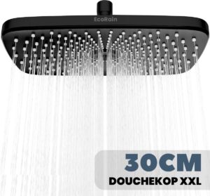 EcoRain© Waterbesparende Regendouchekop Melvin XL 30 CM Zwart - 30% Waterbesparend - Hoge Waterdruk - Betere Huid Hoofddouche - Moderne Regendouche - Waterbesparende Douchekop - Rechthoekig - Universele Aansluiting - Groot - Anti-kalk Douchekop